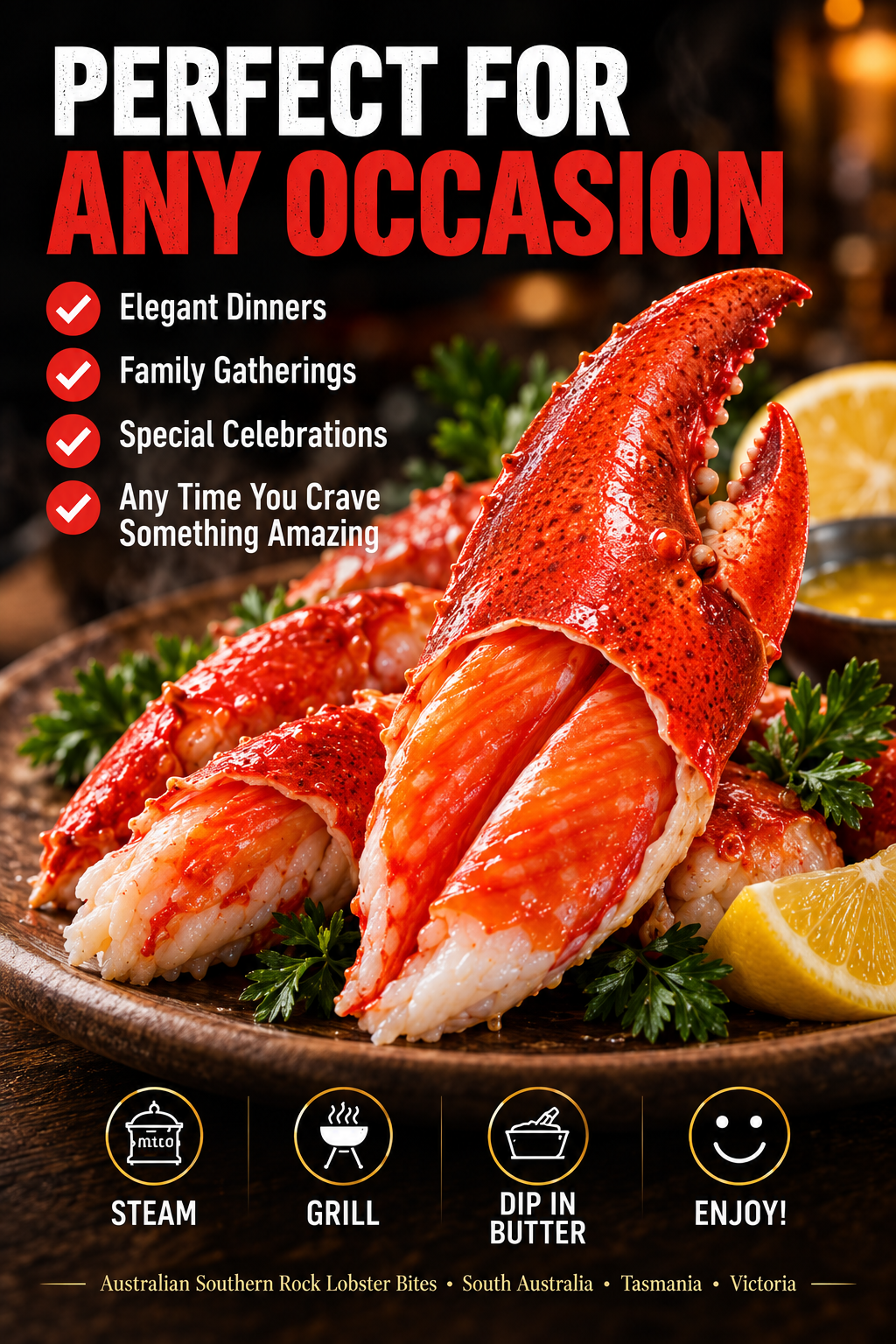 🇦🇺 Australian Southern Rock Lobster Bites  💪 High-Protein Muscle Fuel • ❤️ Deep-Sea Omega-3 for Heart, Brain & Joints • 🛡️ Zinc-Packed Immunity & Skin Repair • ✨ Vitamin E Antioxidant Glow
